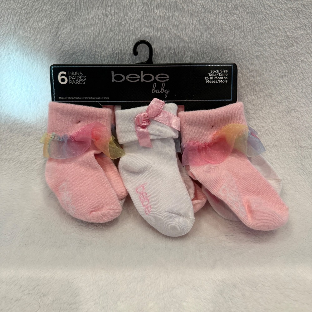 Bebe Baby Girls 6 Pair Sock Set Pink White‎ Ruffle Bow Size 12-18 Months